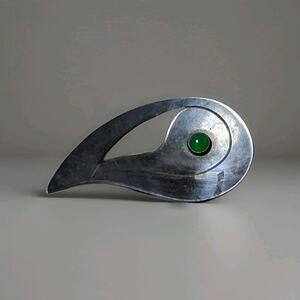 Antique, Danish, Hugo Grun Signed. 925 Sterling Silver & Jade Brooch Pin.